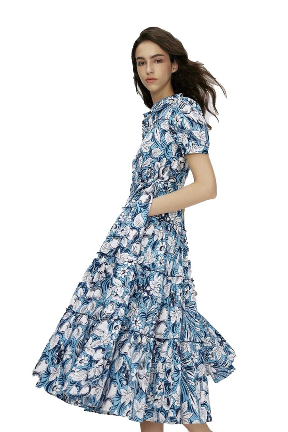 Statement Midi Dress With Puff Sleeves And Tiered Skirt