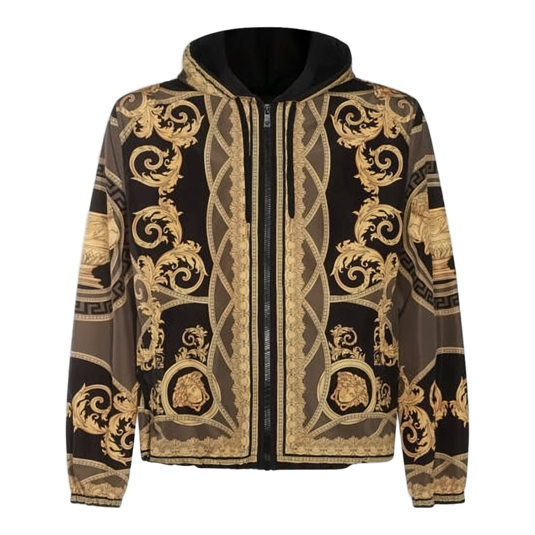 Baroque-Patterned Black Versace Jacket with Zipper Closure