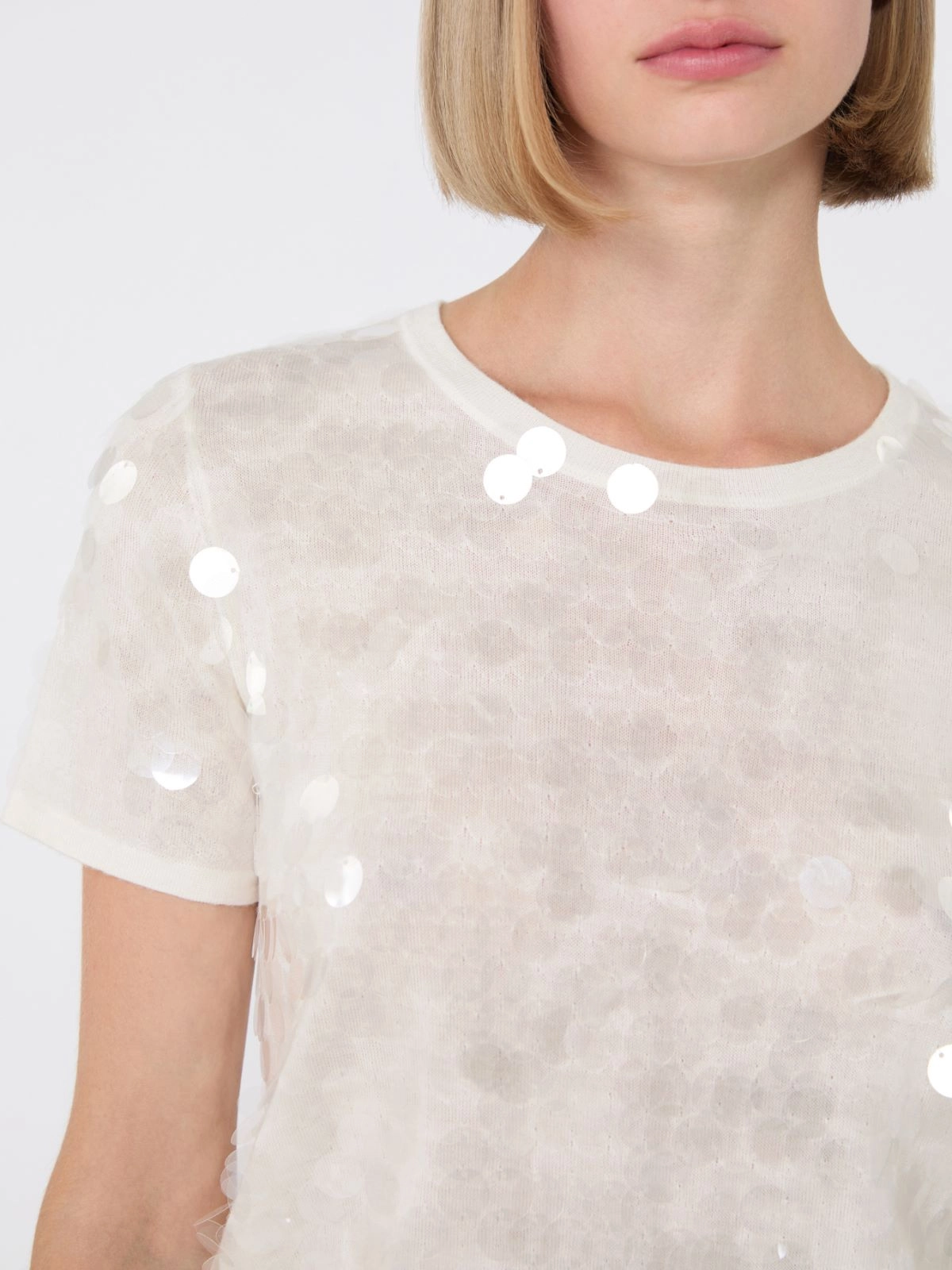 Ivory Short-Sleeved Knit Top With Sequined Accents