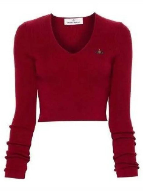 Fitted Cropped Sweater with V-Neckline and Emblem Detail
