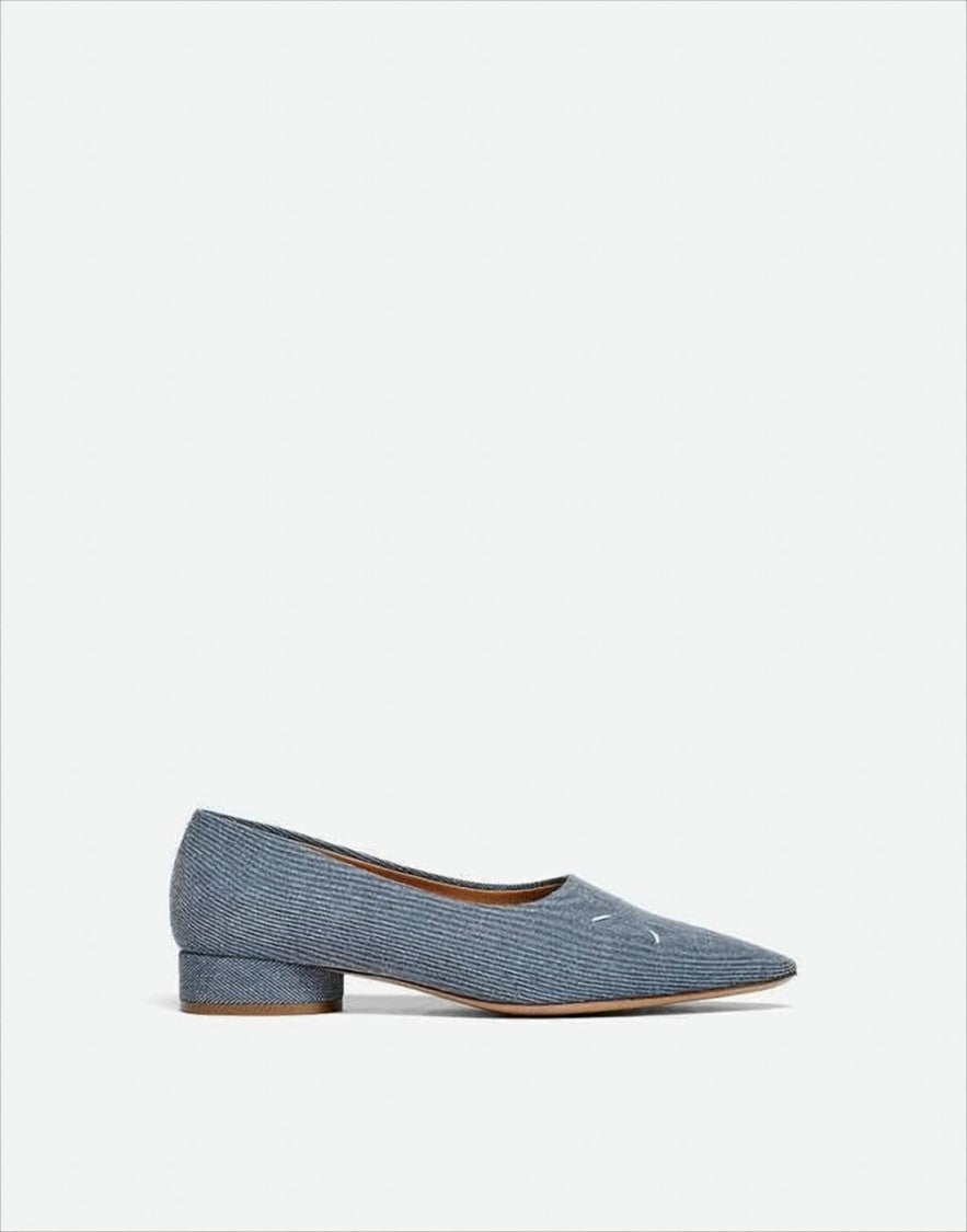 Textured Denim Pointed-Toe Pumps With Low Block Heel