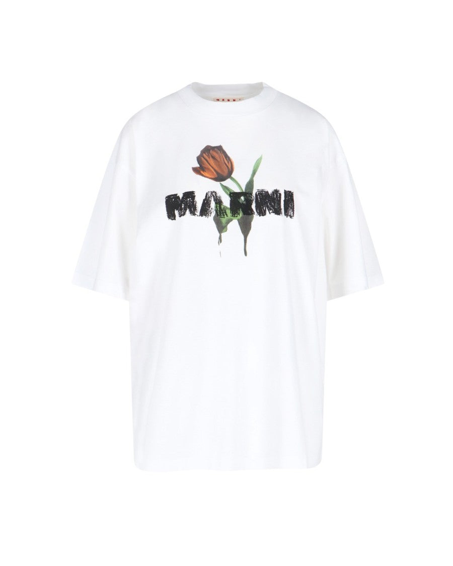 White Cotton T-Shirt With Tulip Print