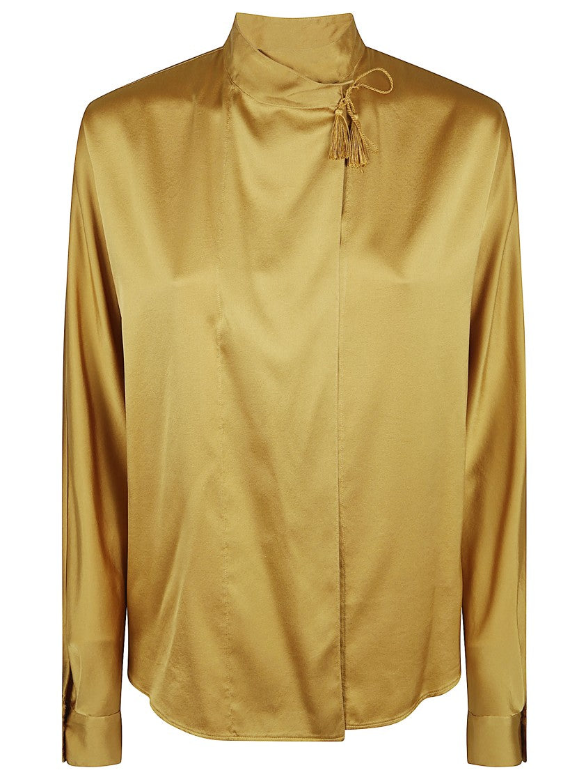 High-Neck Silk Blouse With Tassel Tie