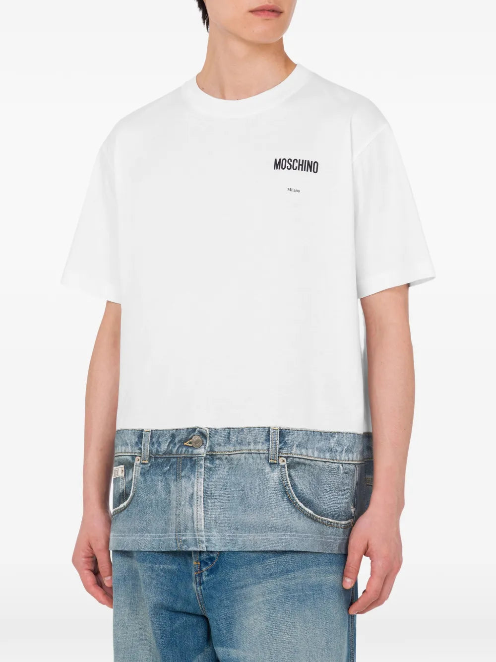 White T-Shirt With Denim-Inspired Hem Design