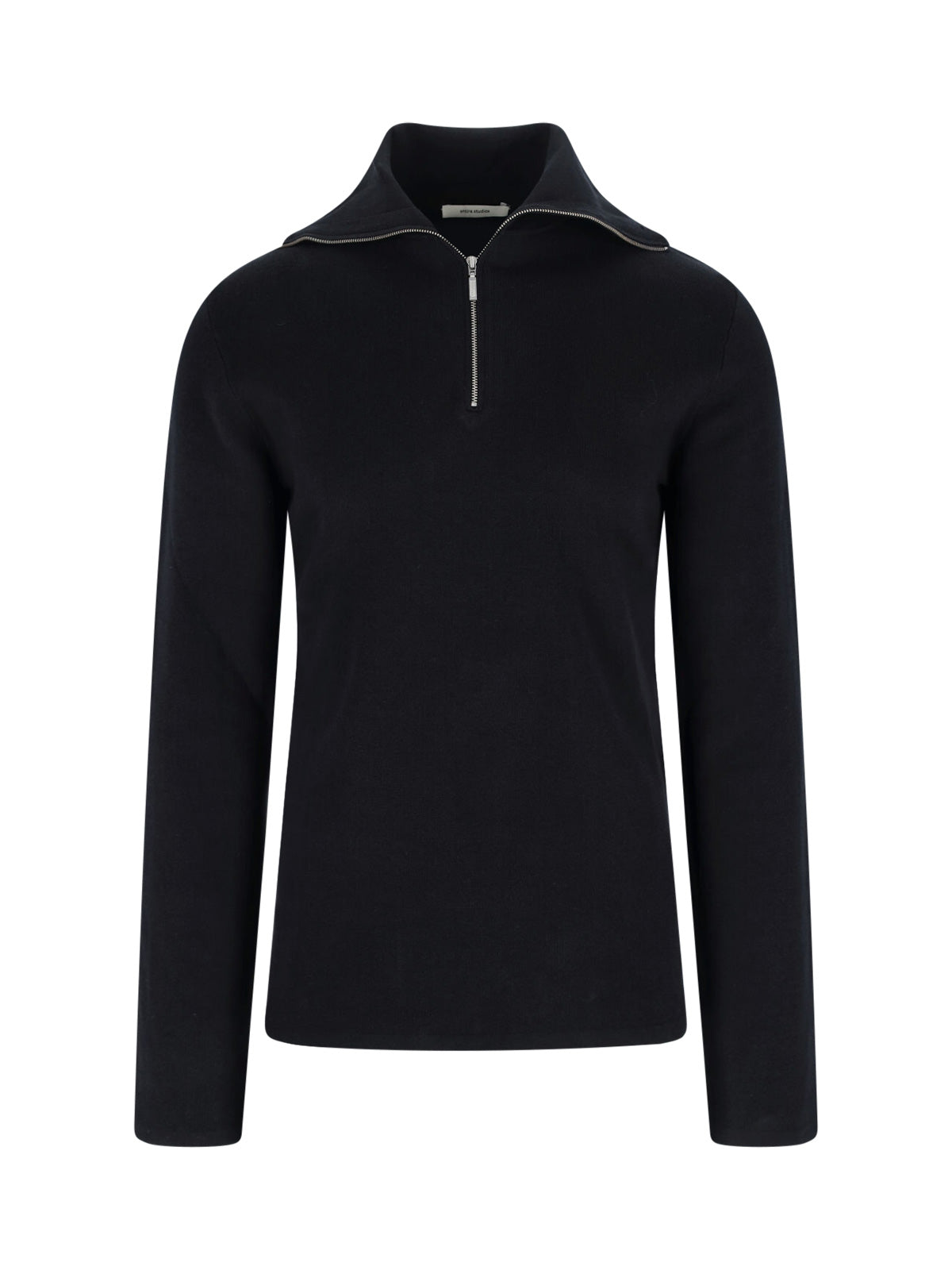 High-Collar Black Cotton Zip-Through Knitwear