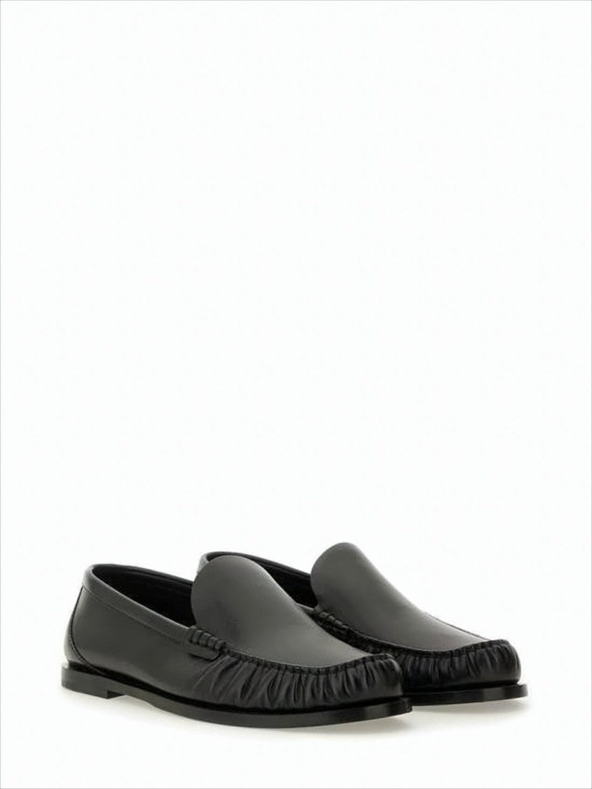 Smooth Calf Leather Black Loafers with Gathered Detail