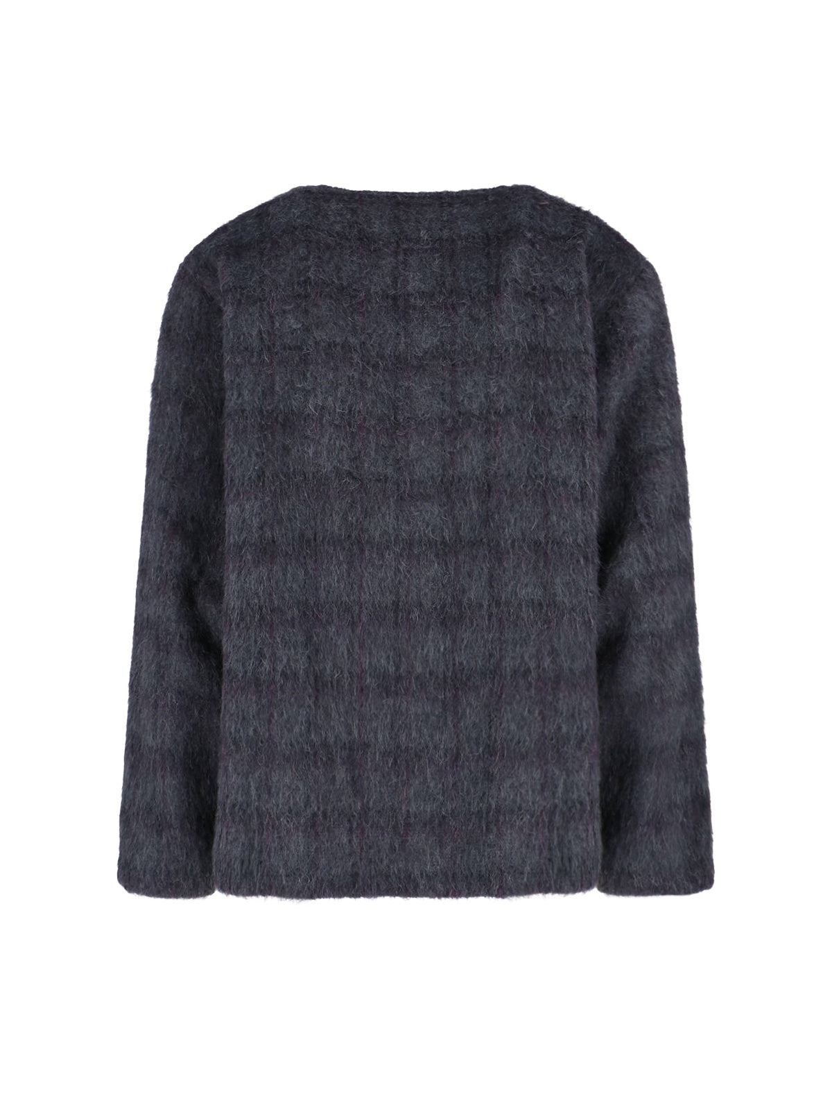 “Plum Check” V-Neck Cardigan – Grey