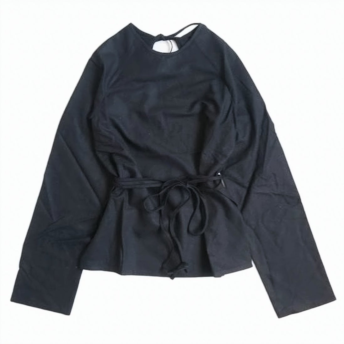Fitted Long-Sleeved Silk Top with Tie Belt