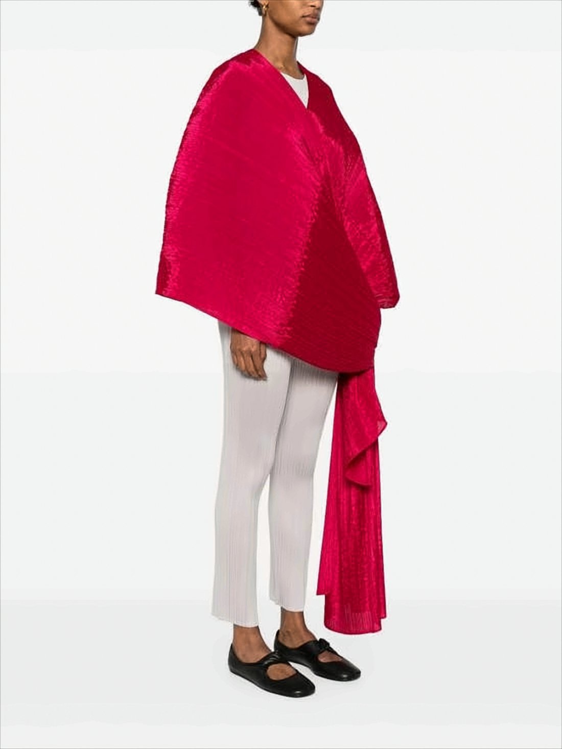 Asymmetrical Red Pleated Cape with Dynamic Silhouette