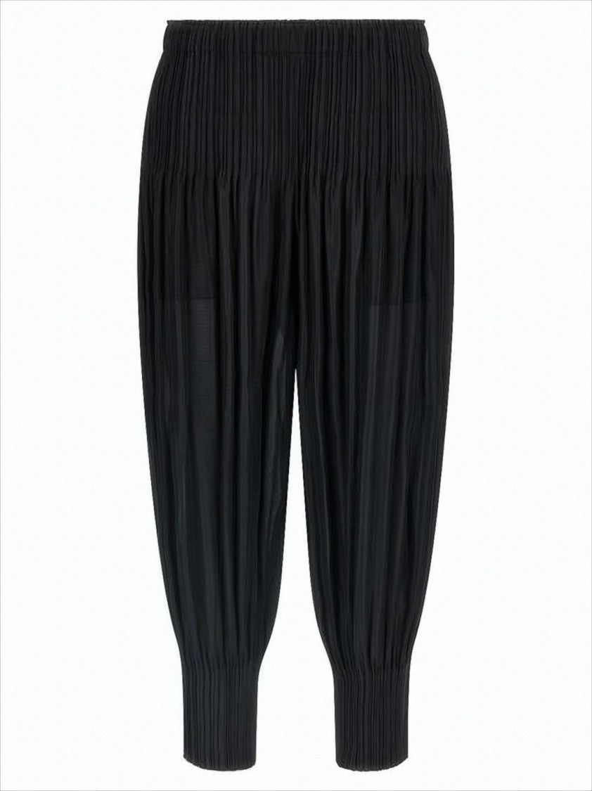 Pleated Design Cropped Pants with Elastic Waist