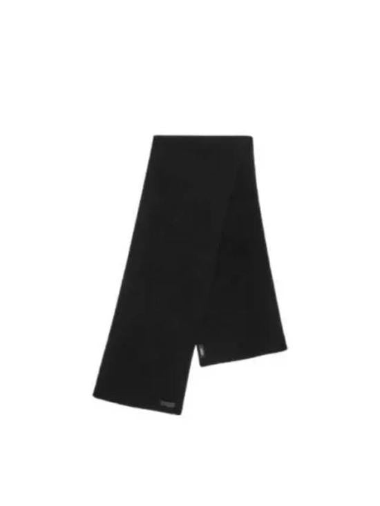 Solid Black Wool Scarf with Calf Leather Detail
