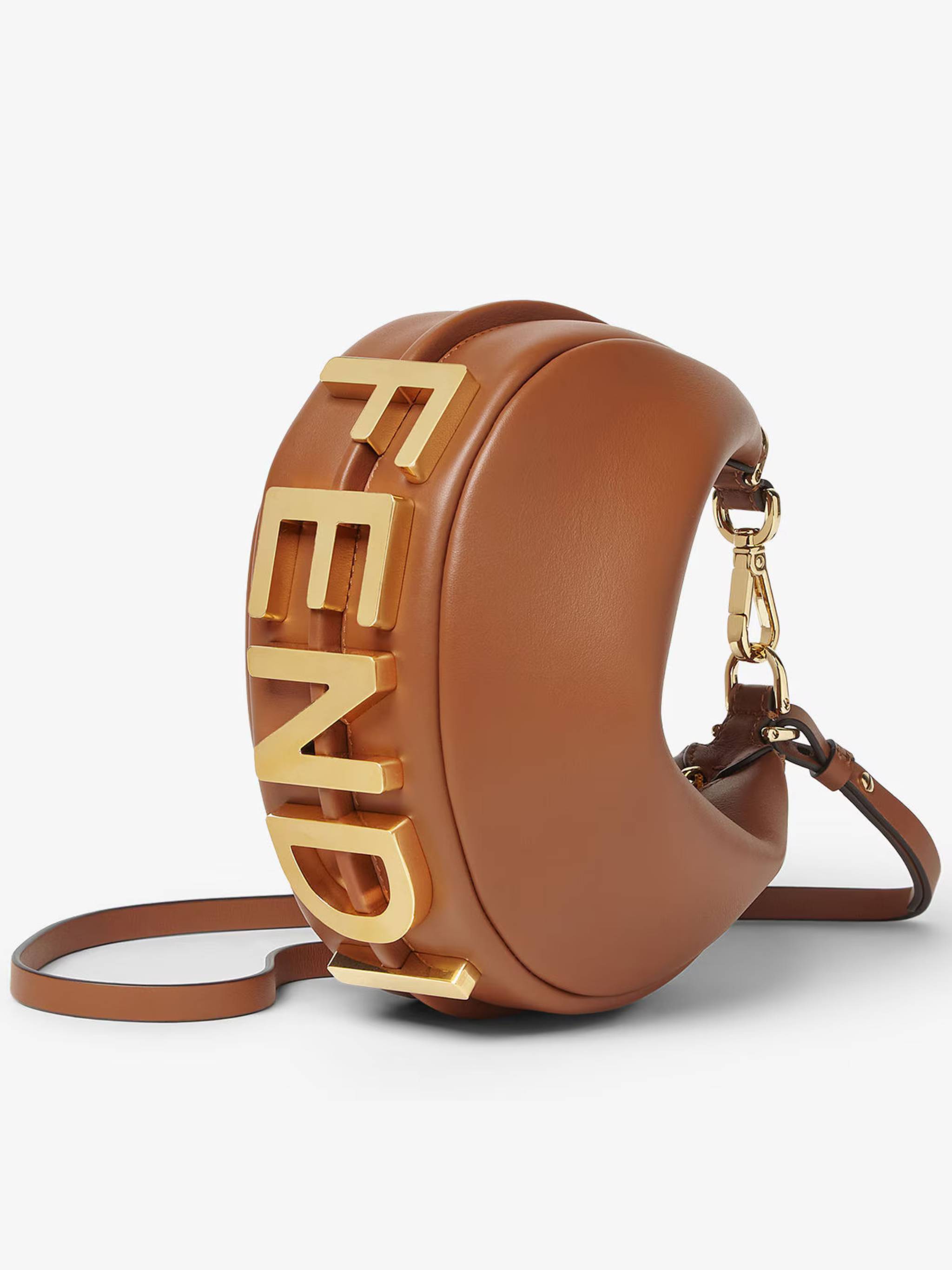 Crescent-Shaped Leather Handbag with Polished Finish and Bold Letter Embellishments