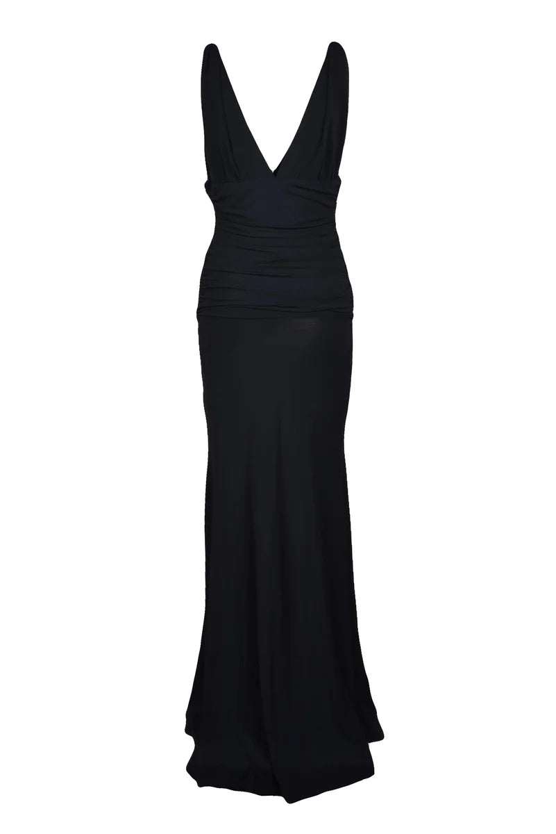 Long Ruched Jersey Dress - Black