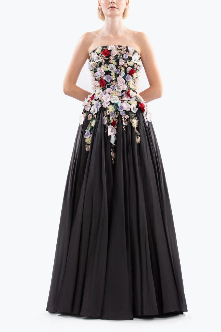 Embellished 3D Flowers Taffeta Gown