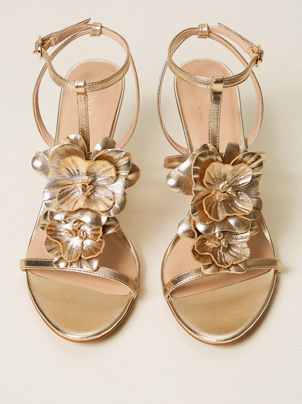 Kitten Heel Sandals with Metallic Gold Finish