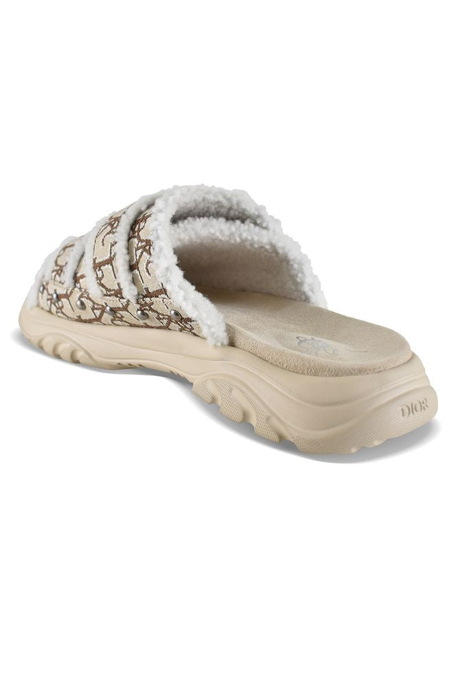 Beige Canvas Sandals With White Shearling