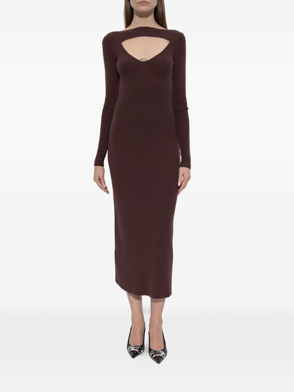 Ribbed Knit Midi Dress With Cut-Out Neckline