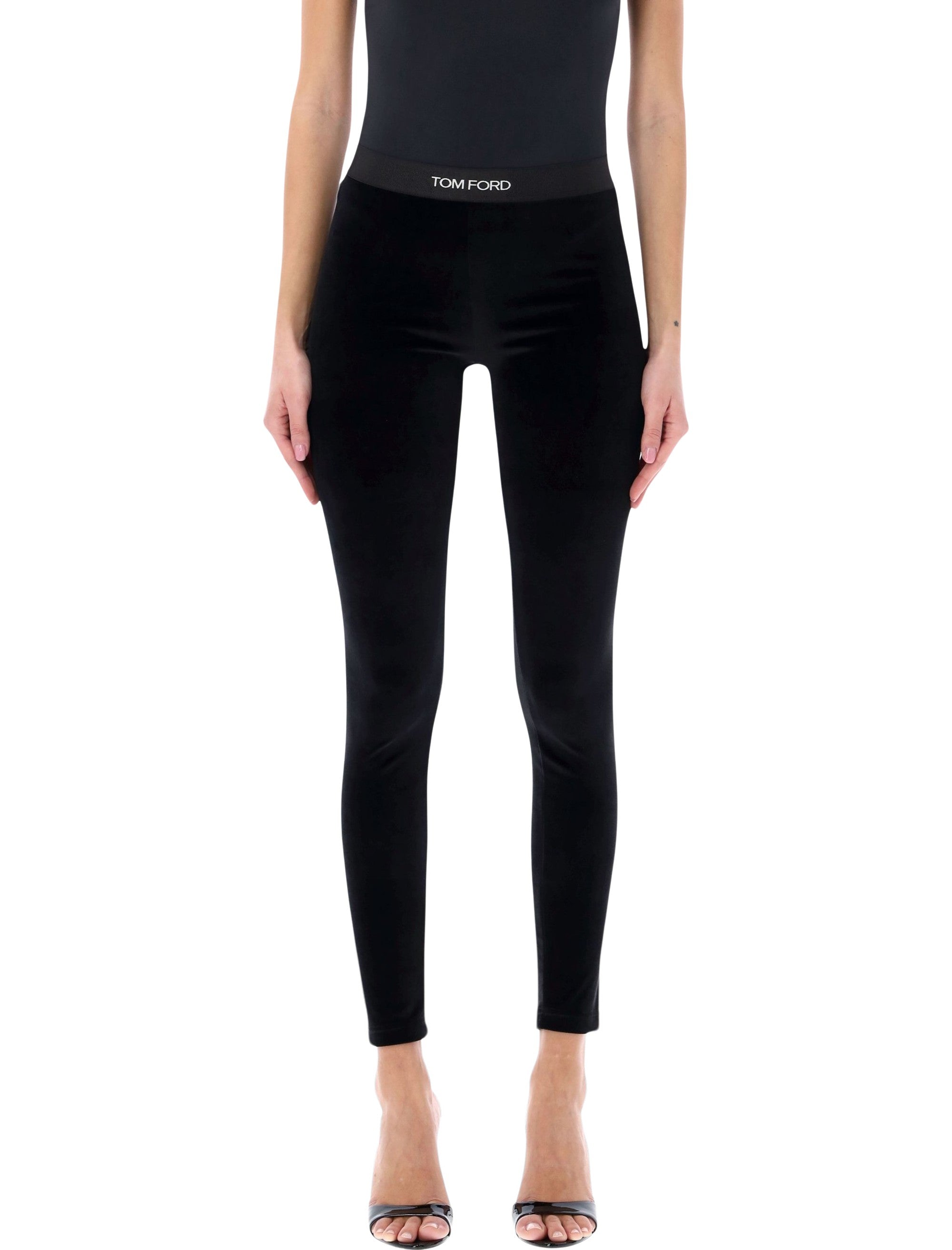 Black Stretch Velour Logo Leggings