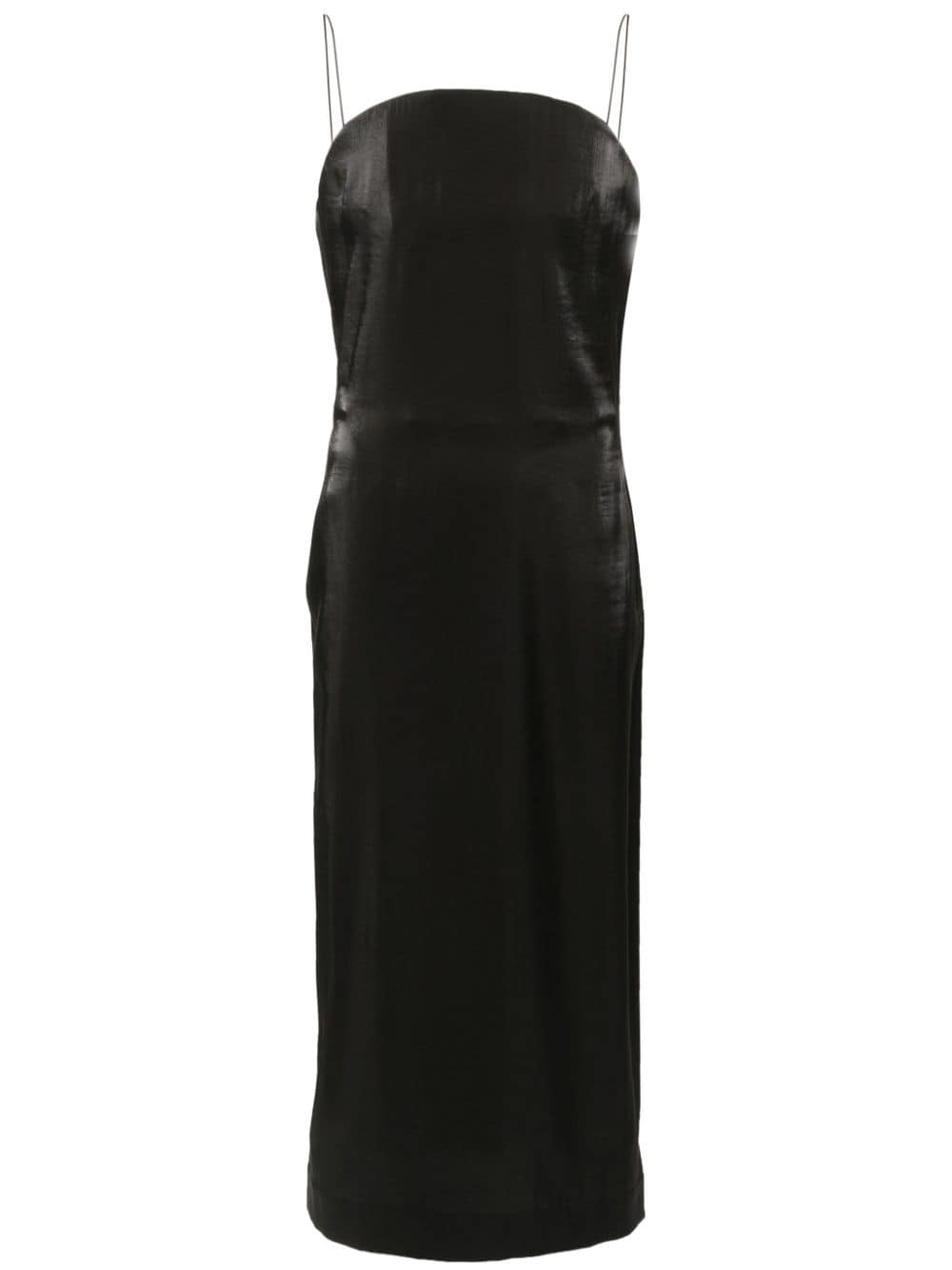 Calf-Length Black Satin Finish Spaghetti Strap Dress
