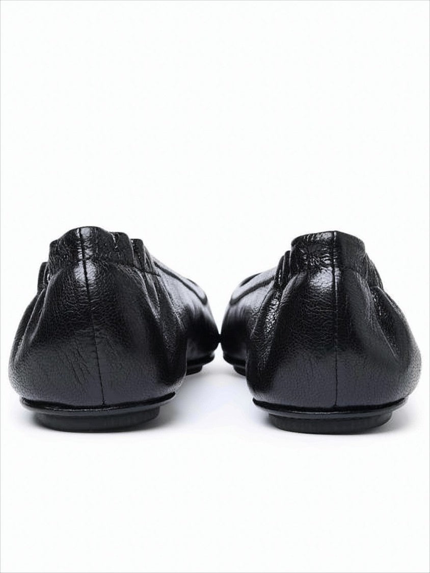 Lamb Leather Black Flat Shoes with Textured Emblem