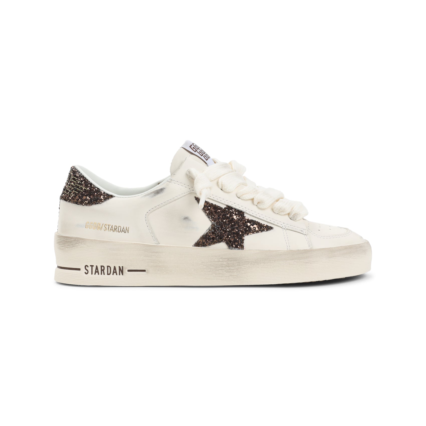 Distressed White Leather Sneakers with Glitter Accents