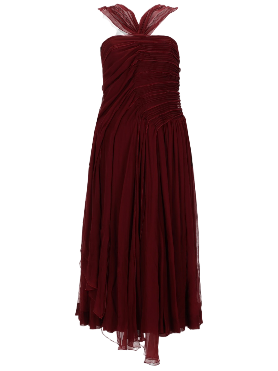 Burgundy Halter Strap Midi Dress with Ruched Bodice