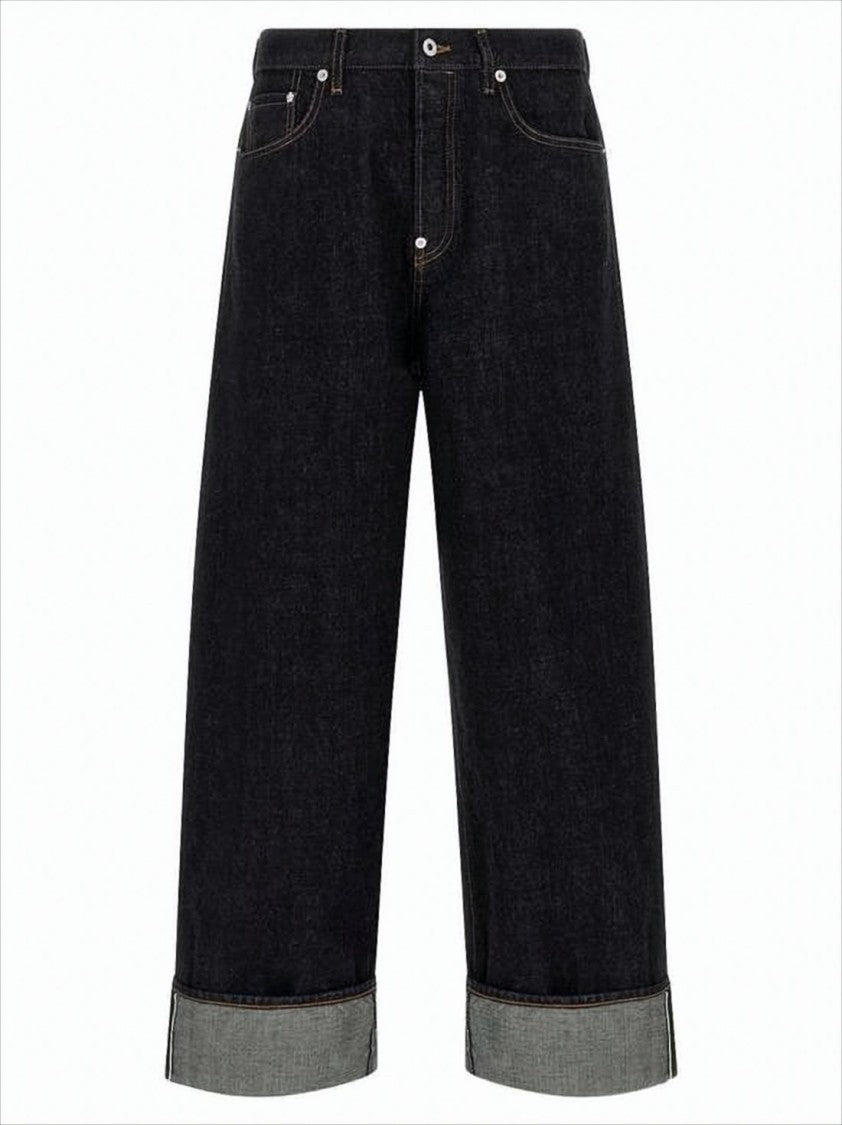 Wide-Leg Denim Pants With Cuffed Hem And Back Leather Patch