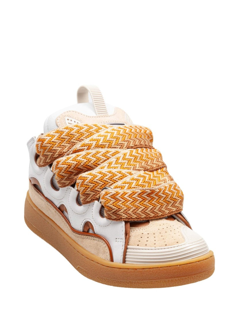 White/Honey Curb Leather And Fabric Sneakers