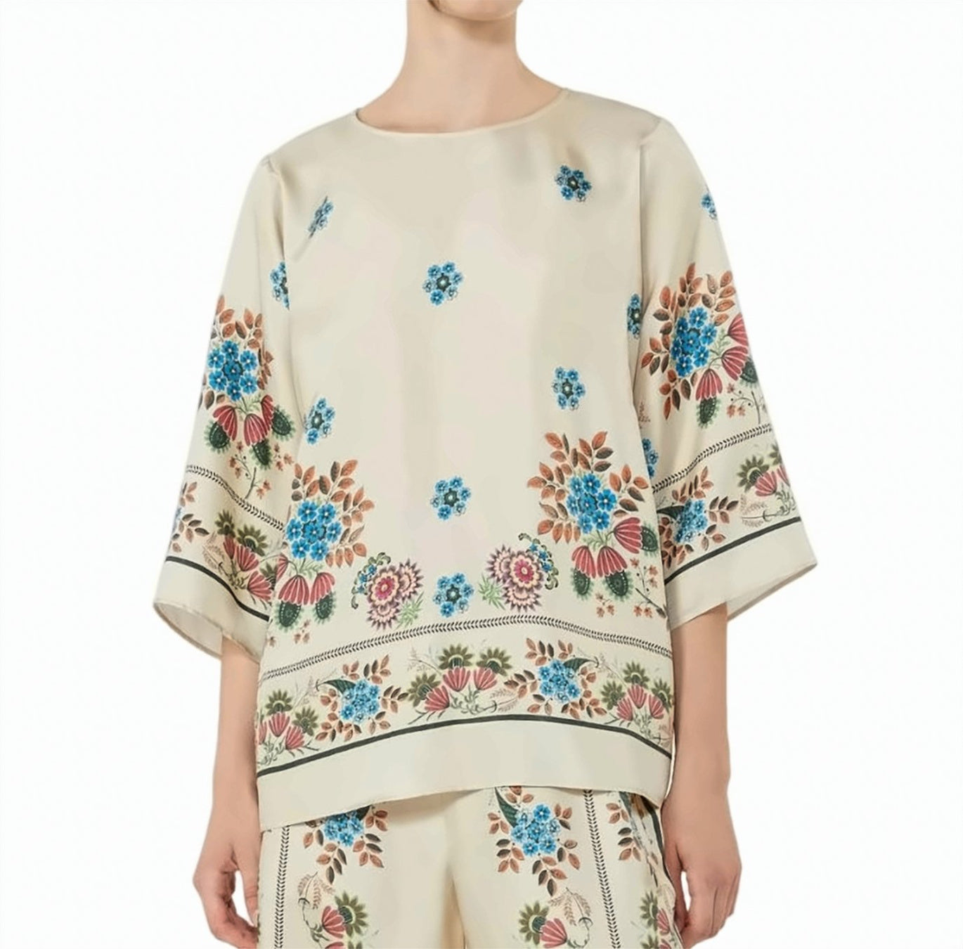 Pure Silk Twill Flared Crewneck Blouse