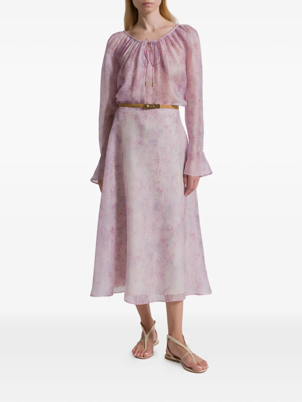 Pastel Floral Print Midi Skirt in Sheer Organza