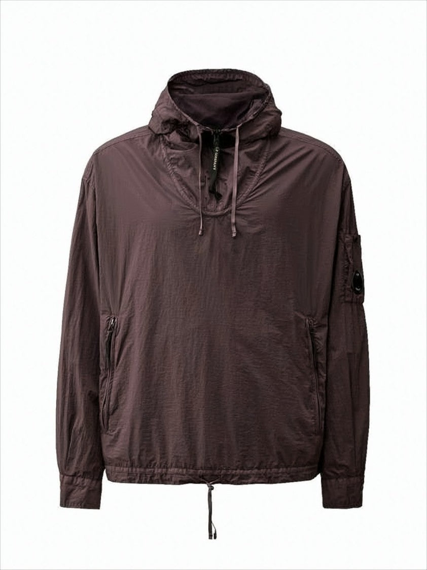 Brown Crinkled Texture Hooded Pullover With Distinctive Lens Detail