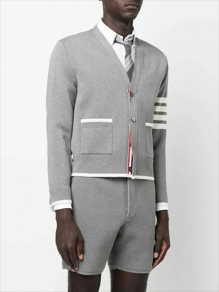Cropped Grey Cardigan with V-Neckline and Signature Stripes