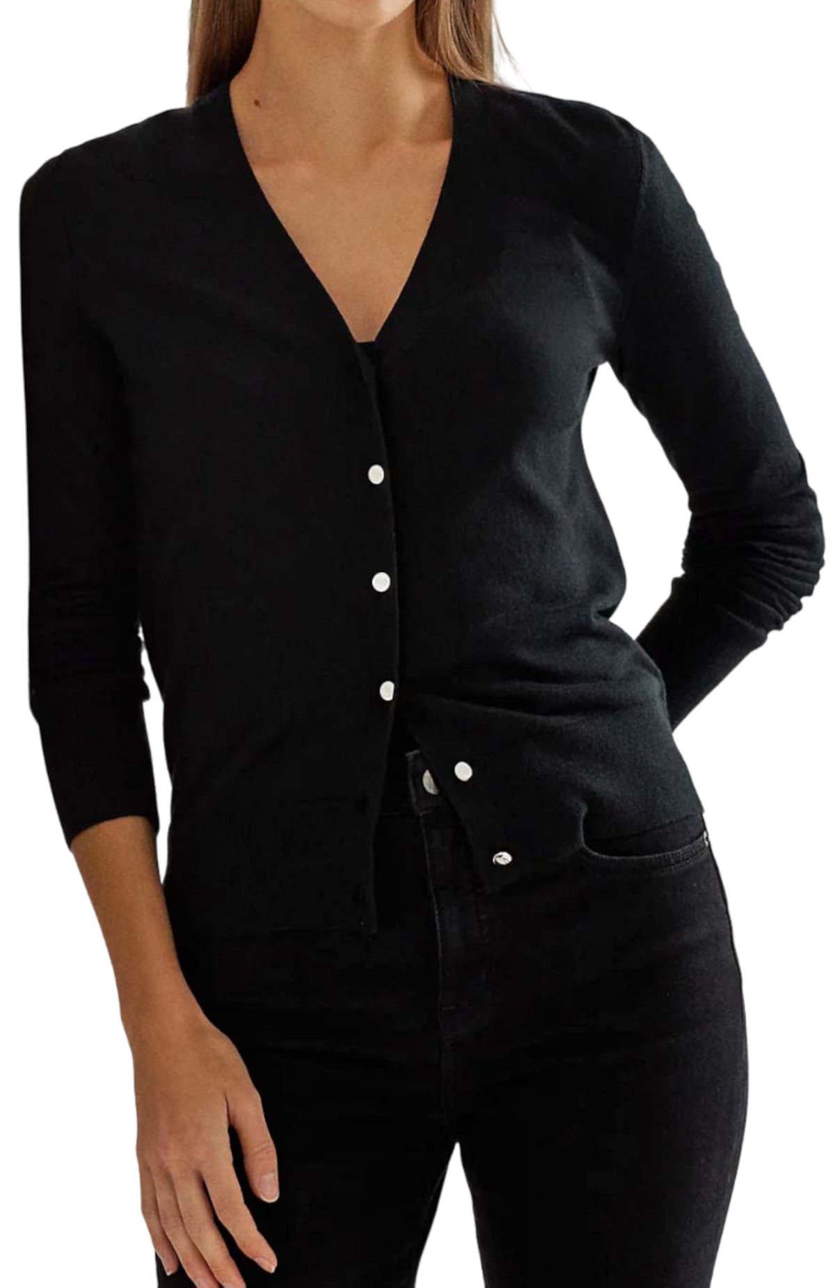 Long Sleeve Cotton-Modal Cardigan with V-Neckline