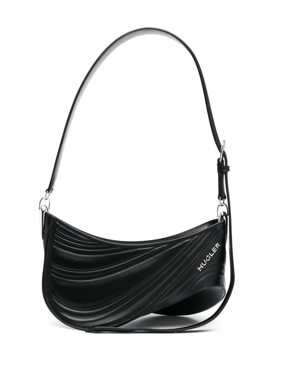 Spiral Curve Embossed Crossbody Bag in Black Calf Leather
