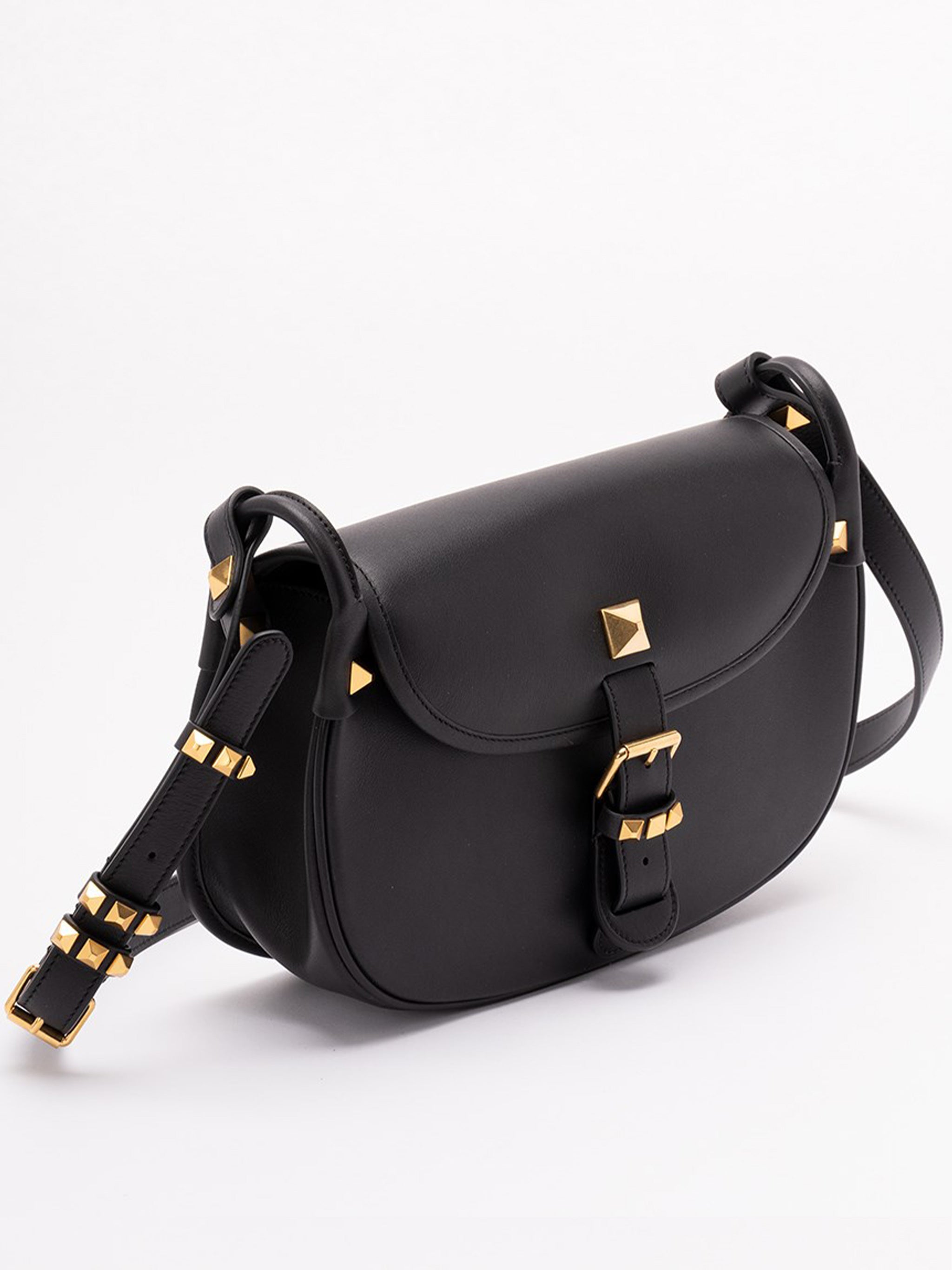 Black Curved Leather Pyramid Stud Bag