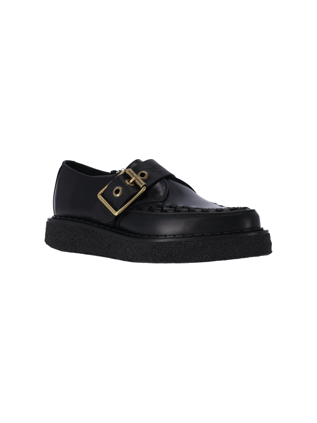 Black Woven Detail Buckle Flat Shoes