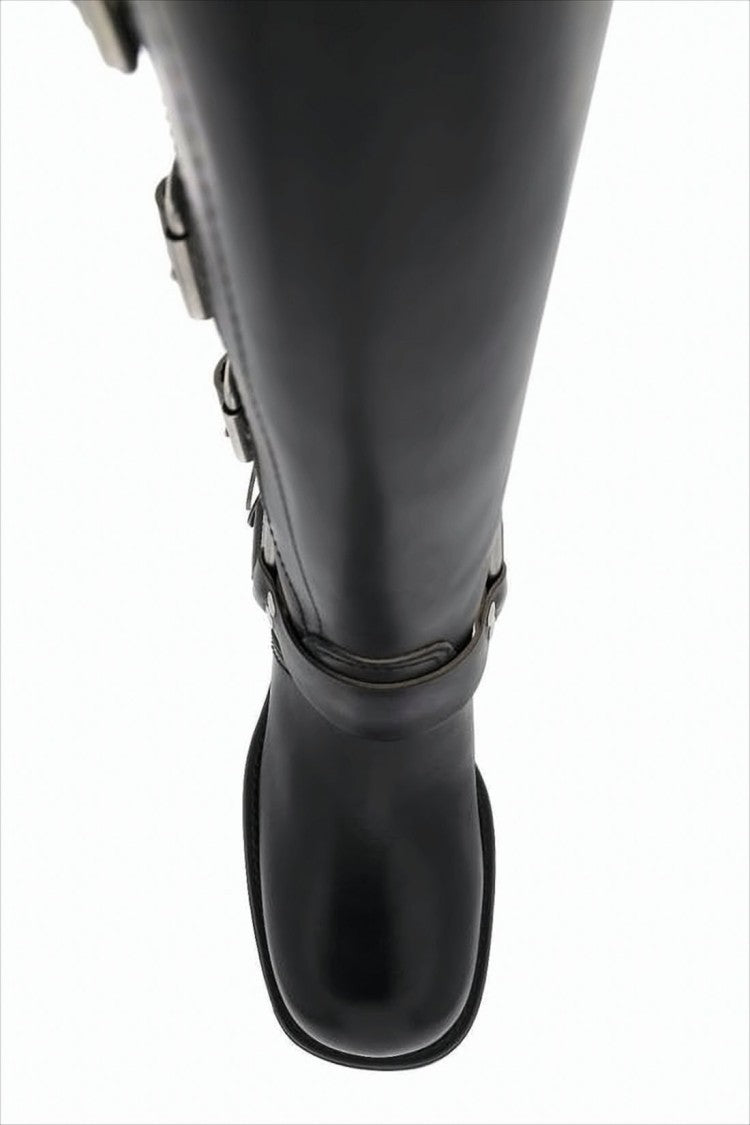 Mid-Calf Black Calf Leather Boots with Adjustable Buckles