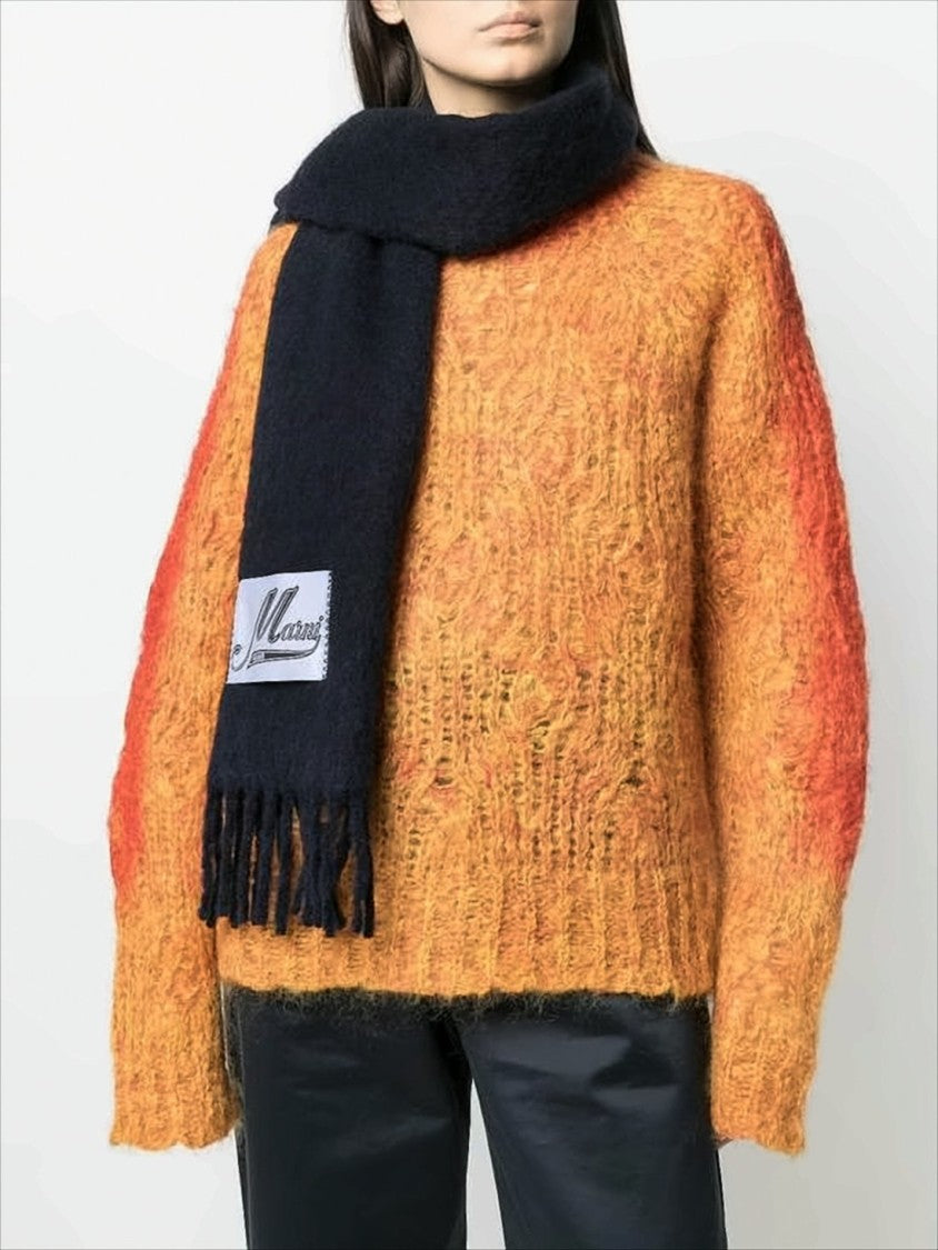 Long Fringed Alpaca and Polyamide Scarf with Rectangular Patch