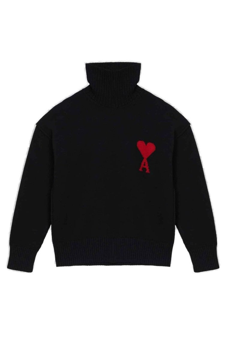 Ribbed Black Wool Turtleneck Sweater with Heart Logo
