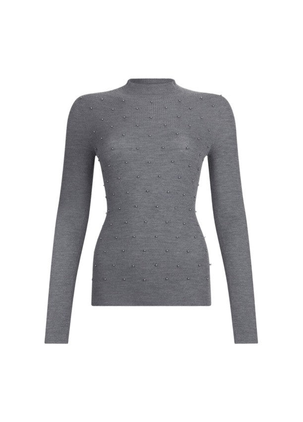 Medium Grey Melange Fitted Knit Top With Beaded Detailing
