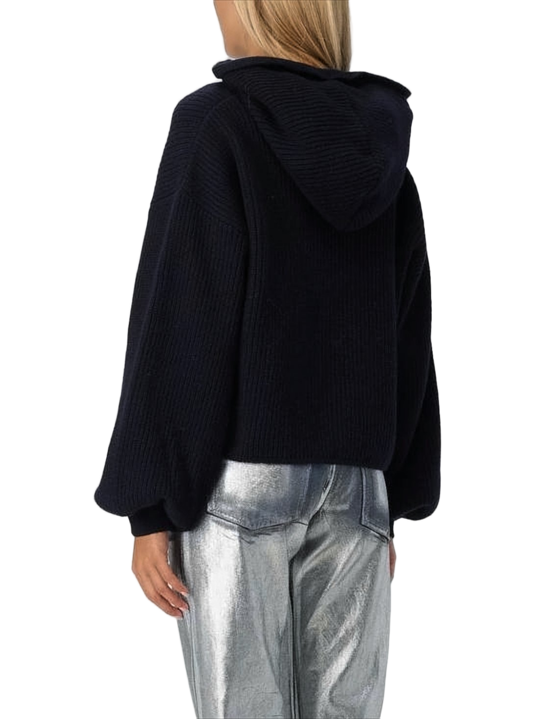 Cropped Knit Hoodie with Ribbed Texture