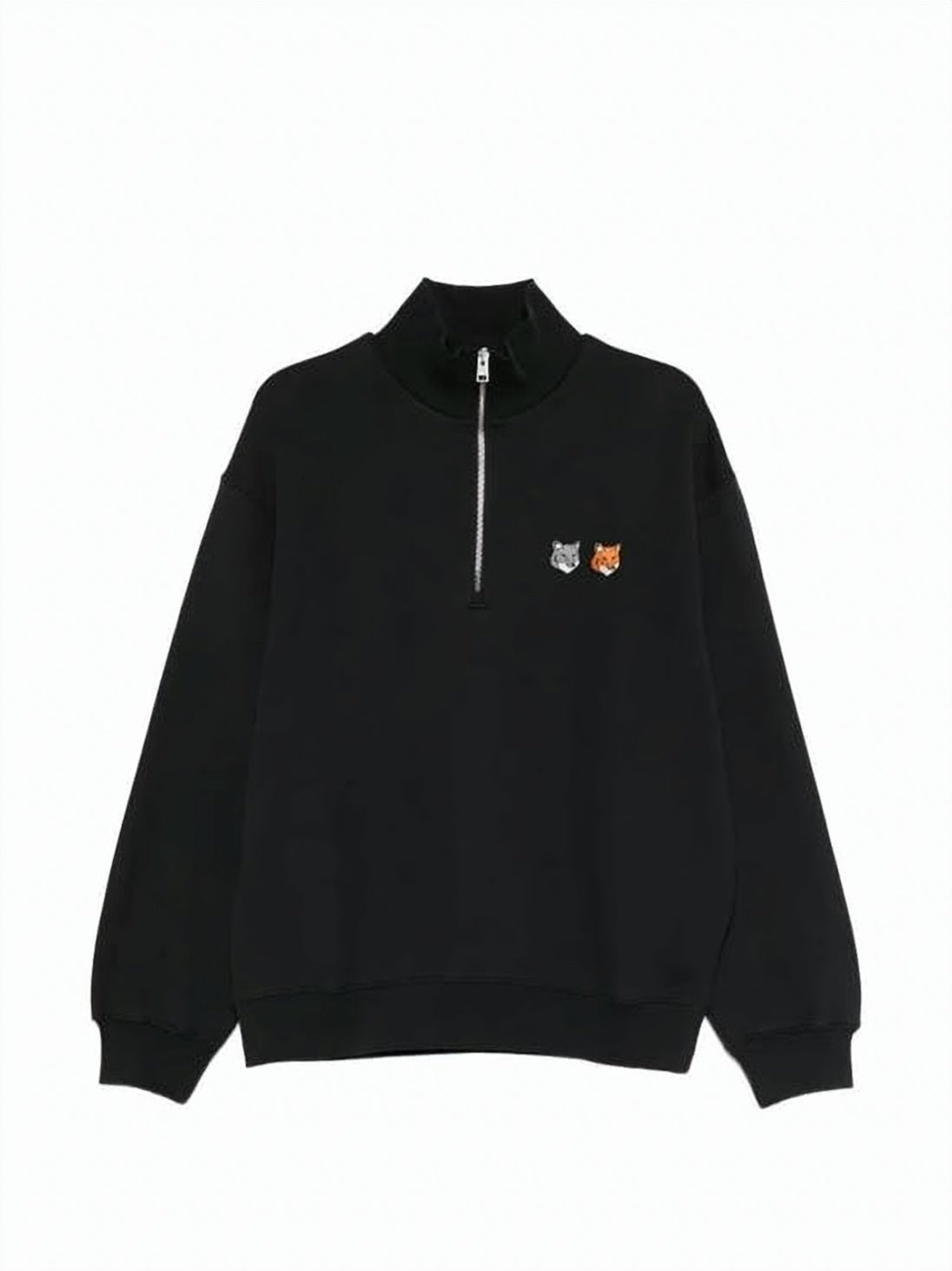 Half-Zip Pullover Sweatshirt with Embroidered Fox Motifs