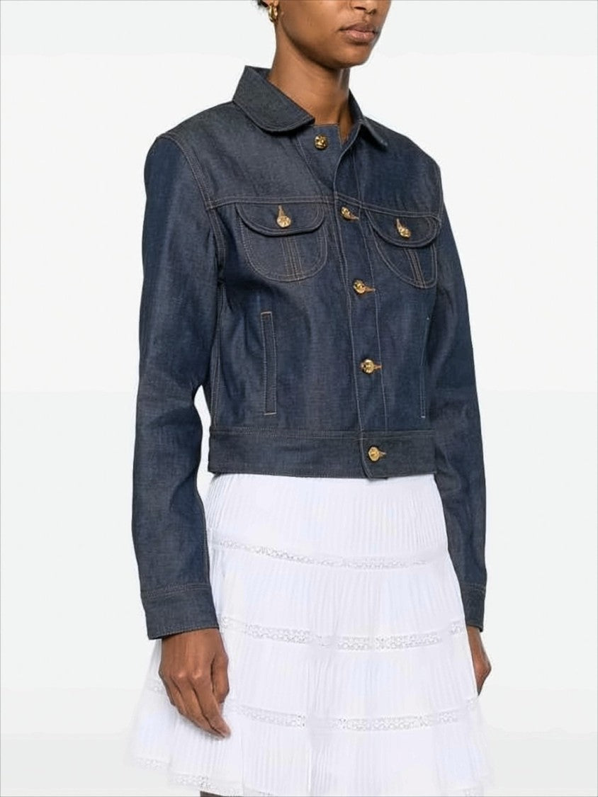 Cropped Denim Jacket With Classic Collar And Gold-Tone Details