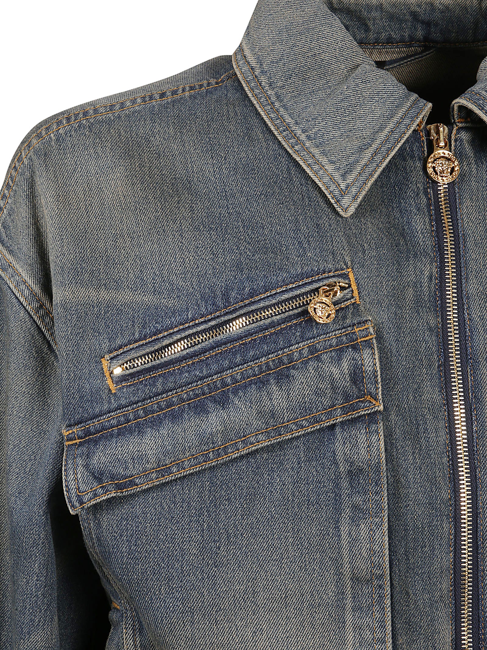 Cotton Denim Bomber Jacket With Oversized Pockets