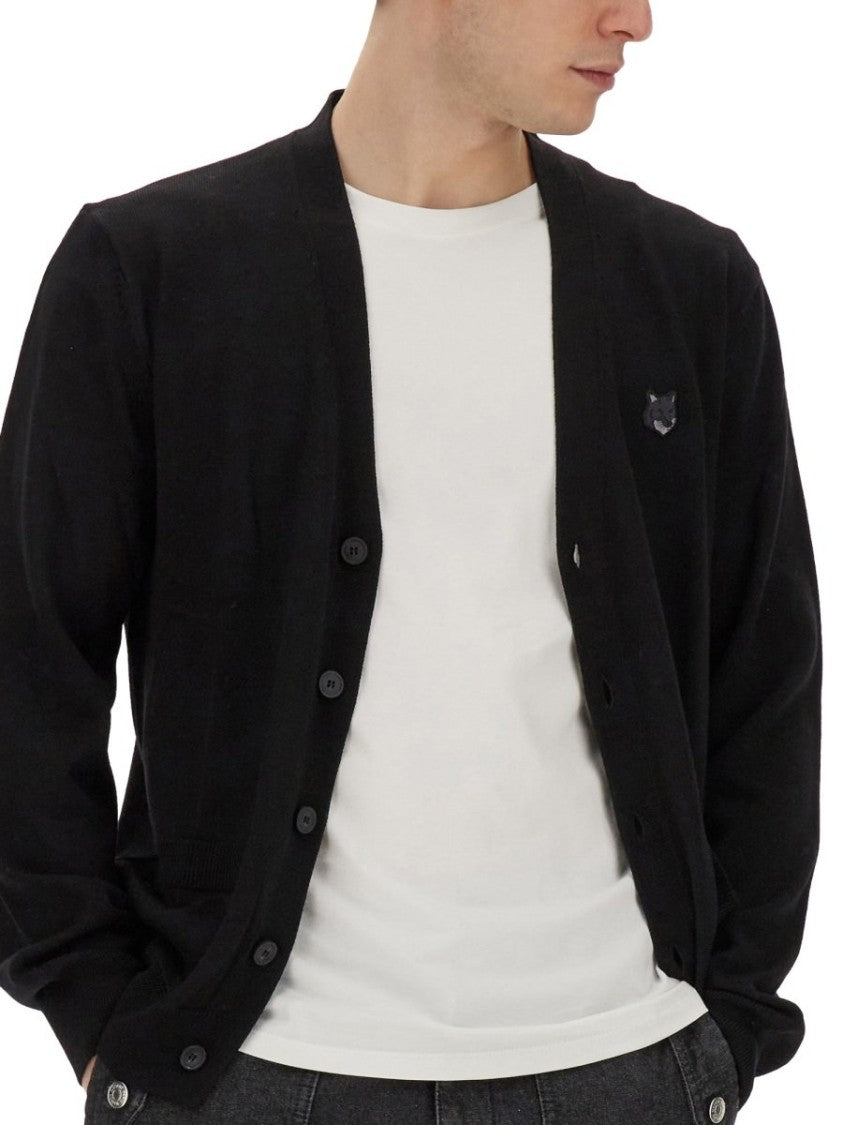 Black Wool Cardigan With V-Neckline And Embroidered Fox Emblem