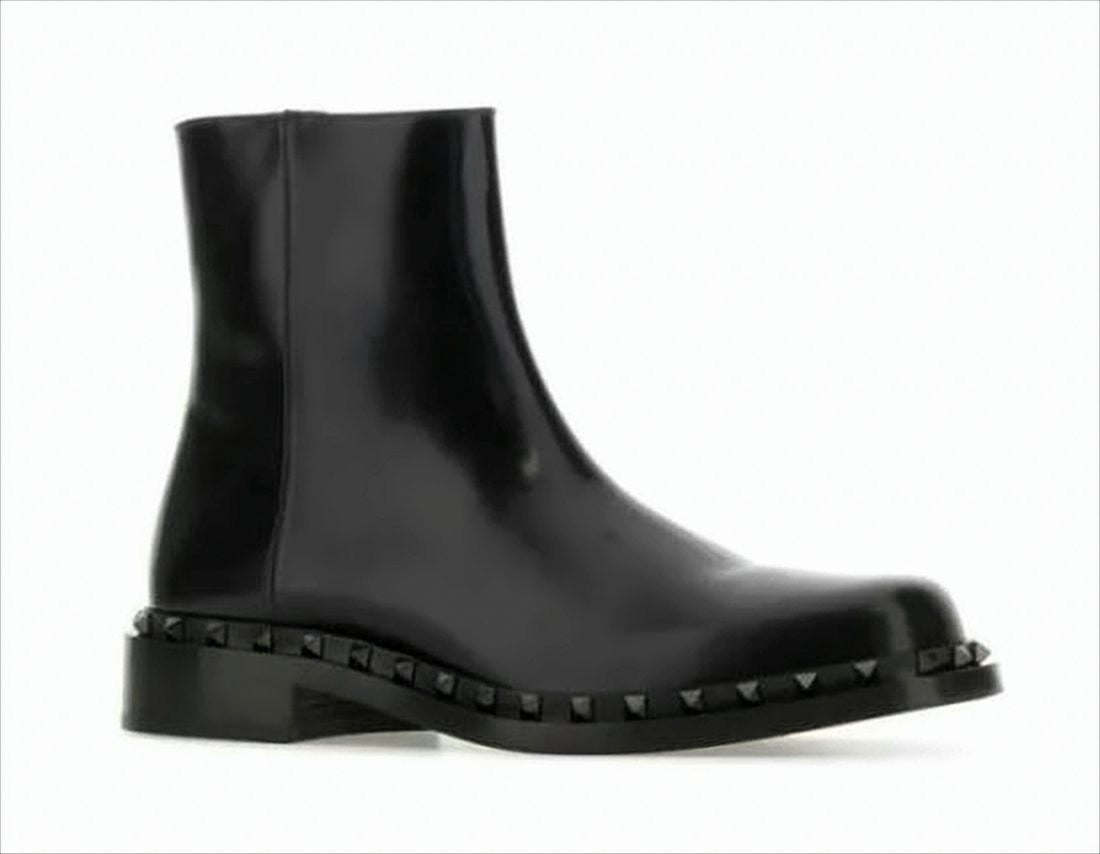 Calf Leather Ankle Boots with Pyramid Studs