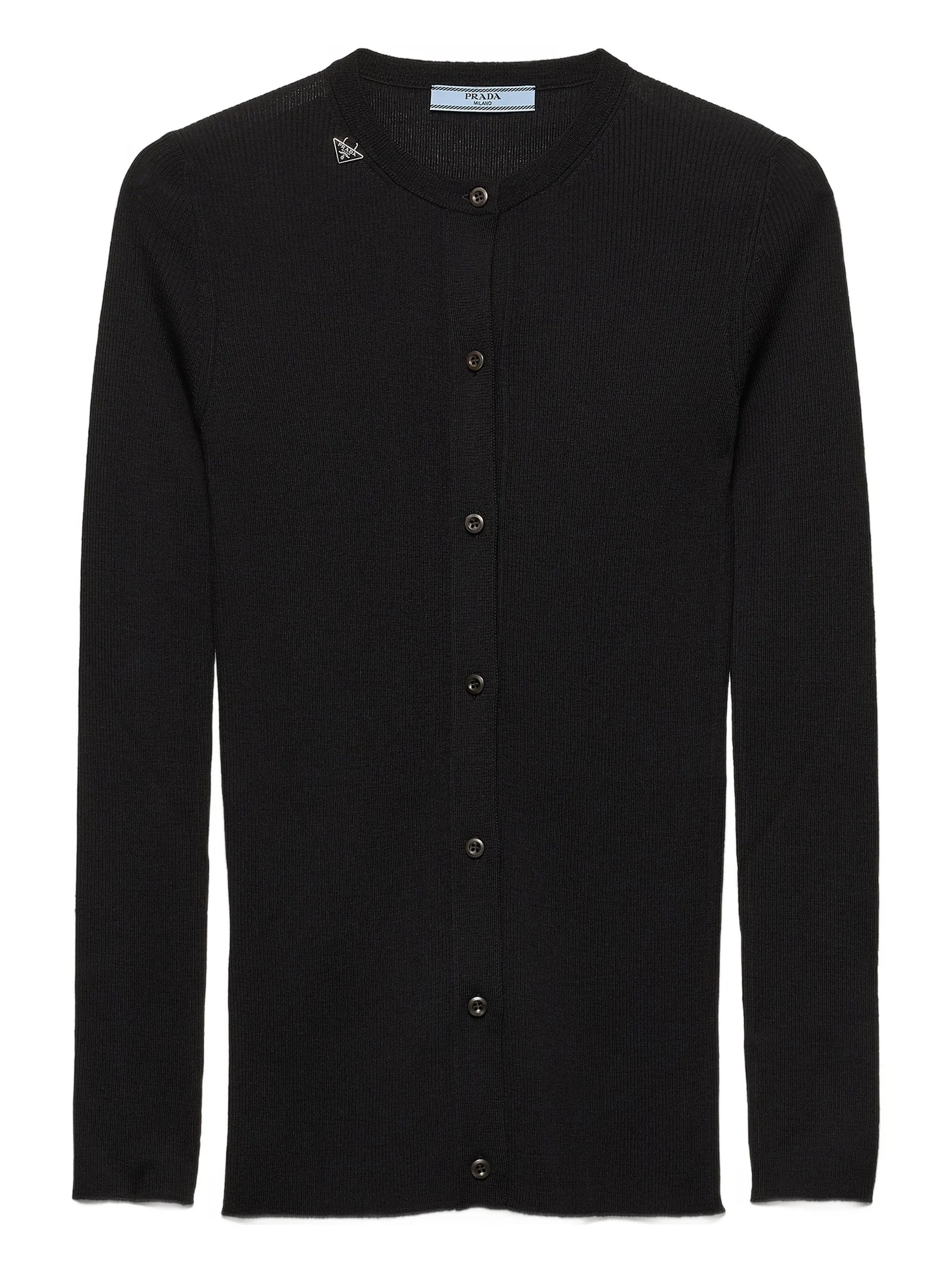 Black Superfine Wool Ribbed Cardigan