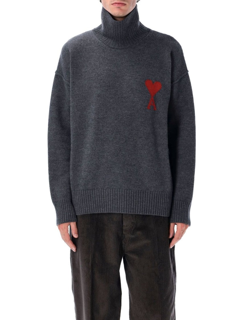 Ribbed High-Neck Wool Sweater with Heart Emblem