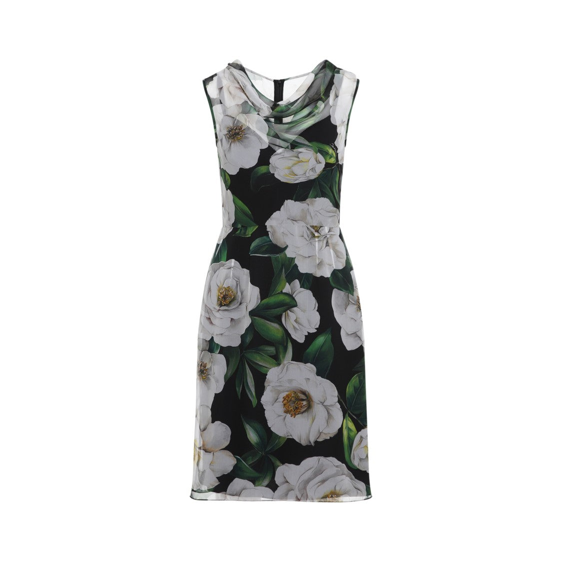 Cowl Neck Midi Dress In Black Silk With Floral Print