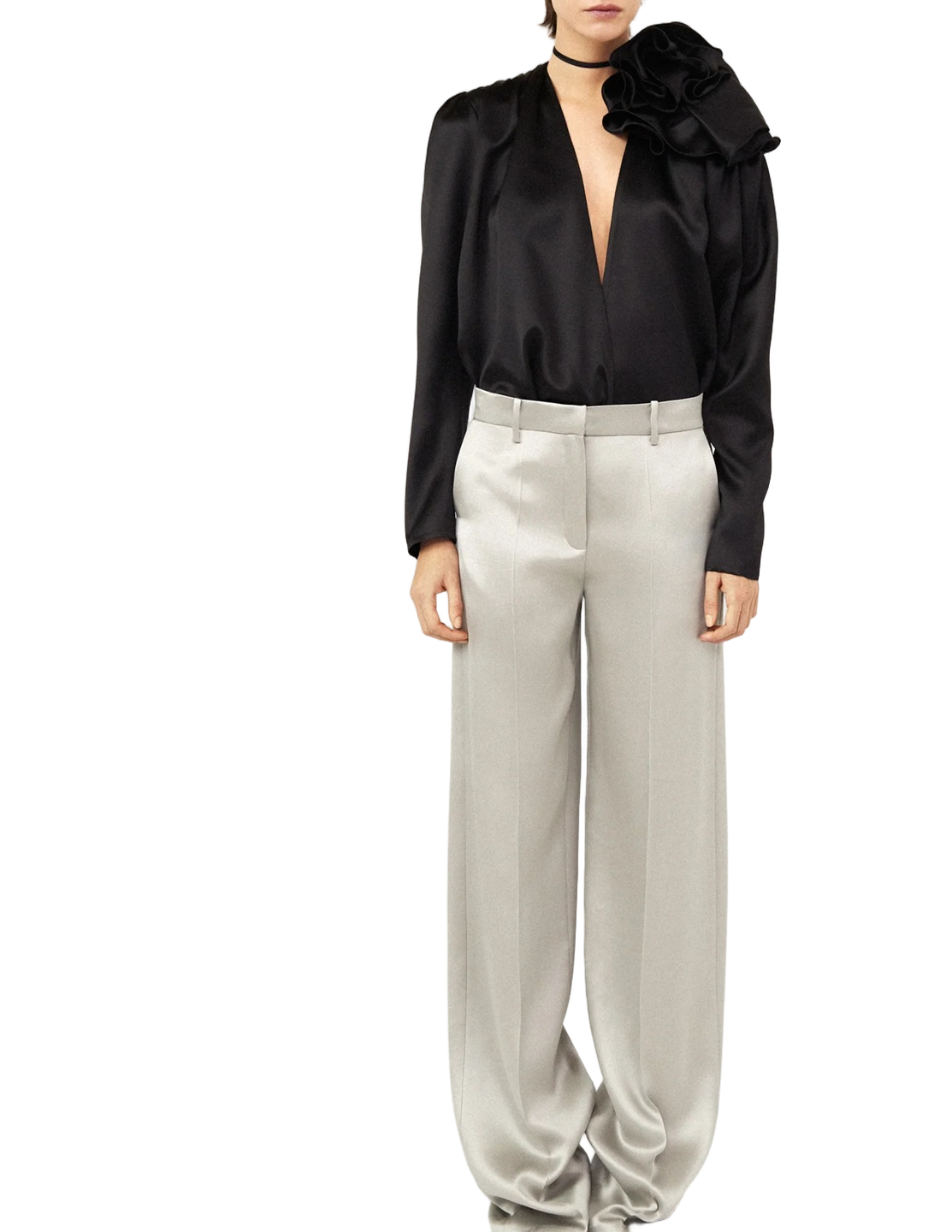 Romantic Black Blouse with V Neckline